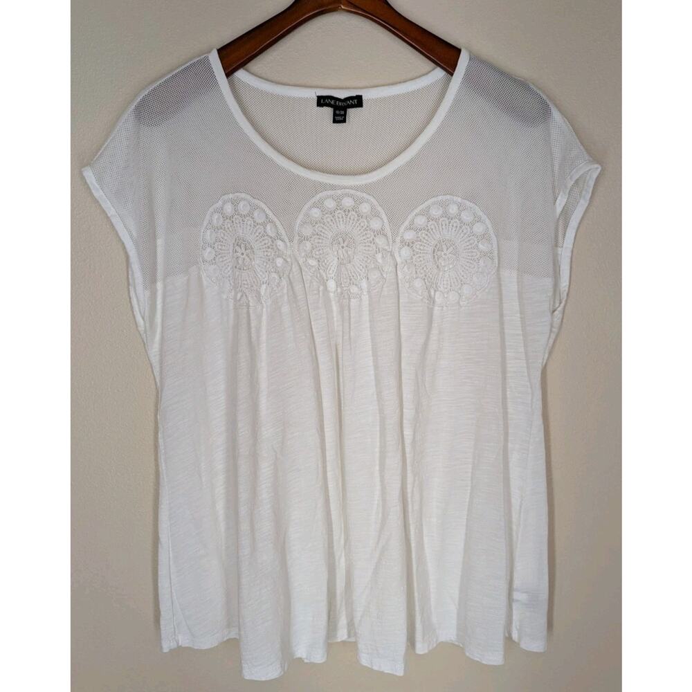 Lane Bryant Blouse Plus 18/20 White Slub Knit Mesh Embroidered Casual Comfort